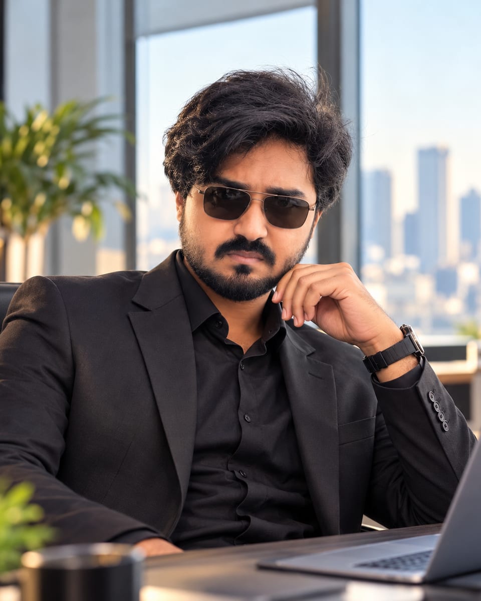 Portrait of Karthick S, co-founder of MiniAI Labs, in a dark suit and sunglasses at a desk with a laptop, a city skyline behind