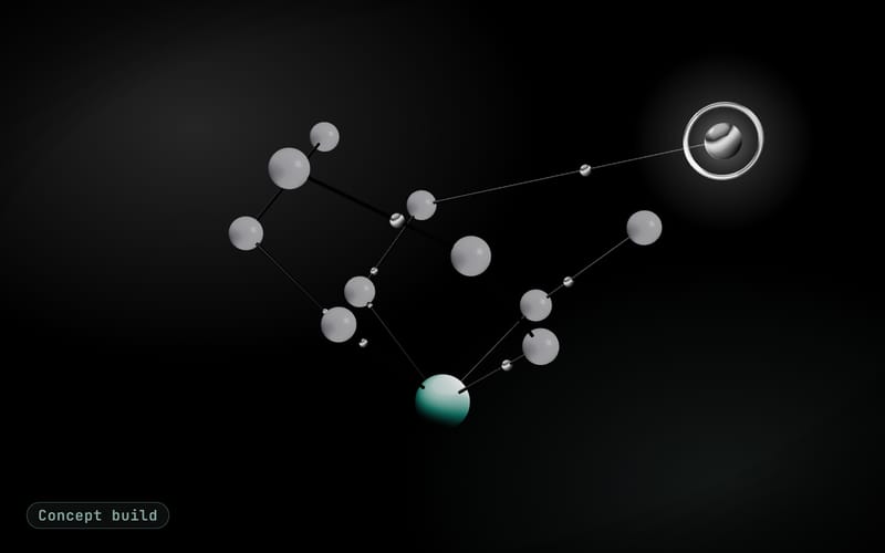 Concept build cover: outlined agent nodes linked by dashed edges that light in sequence towards an approval gate