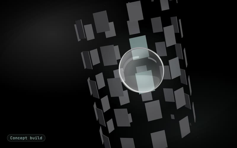 Concept build cover: a glass lens sweeping across a spiral of policy cards as three cards lift out