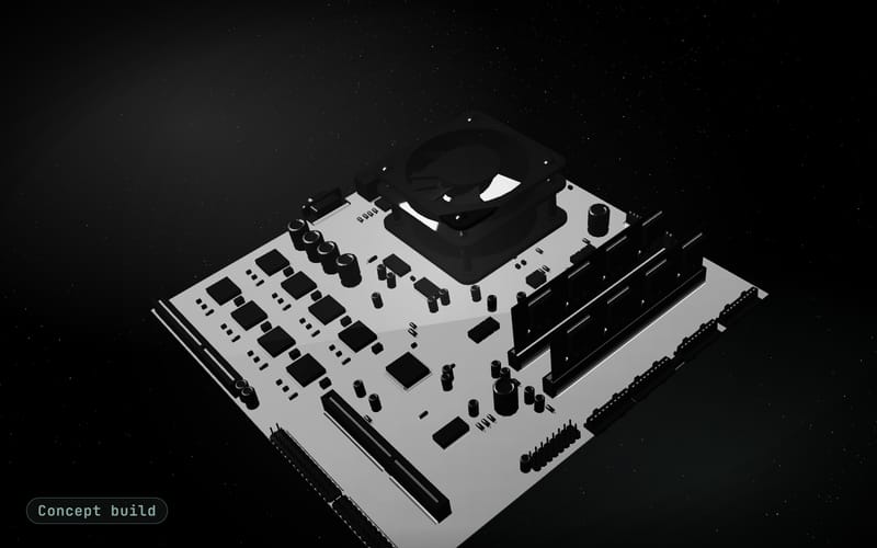 Concept build cover: a generic circuit board prop lit in graphite grey on dark ink, not client hardware