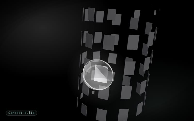 Concept build cover: a glass lens drifting over a spiral of guide cards in soft pearl light