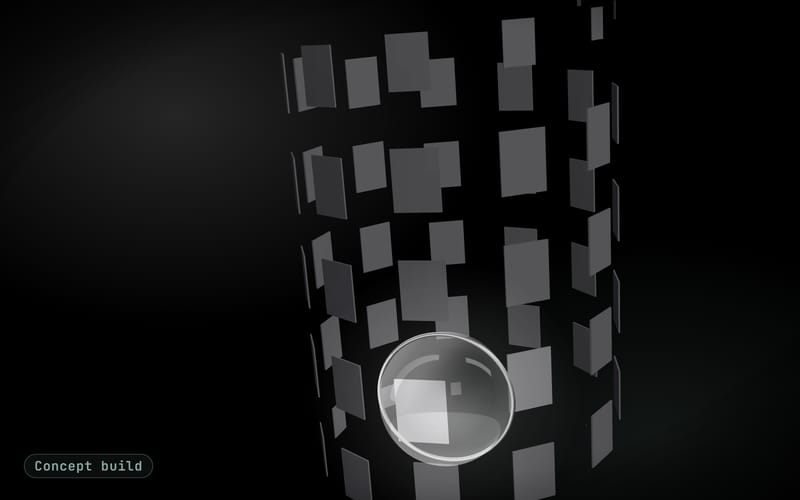 Concept build cover: a glass lens scanning rows of documentation cards as three highlighted passages rise towards it